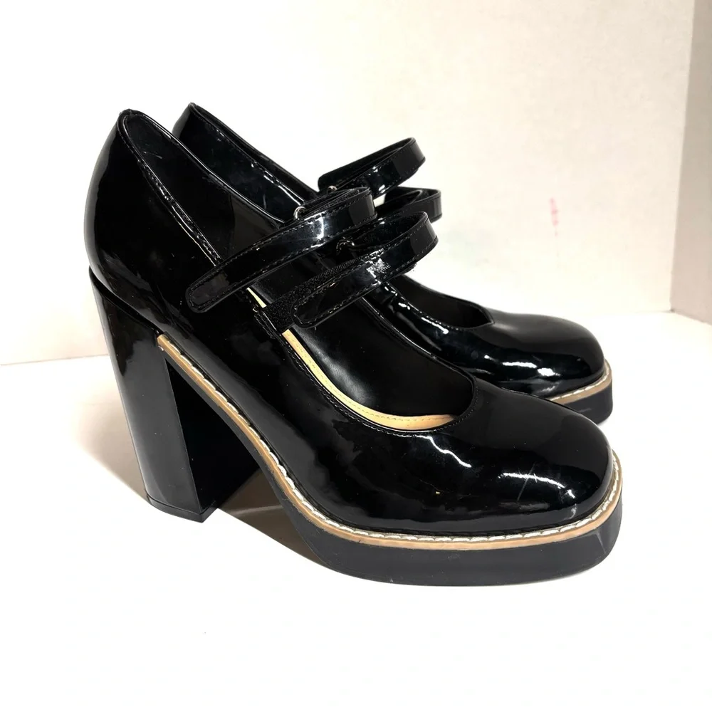 STEVE MADDEN Platform Twice Patent Black Mary Jane Squared Heel Shoes Size 8 - Picture 4 of 10